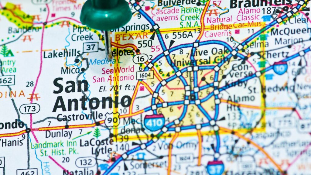 Map of San Antonio, Texas highlighting the service area of a local florist specializing in weddings and special occasion flowers.